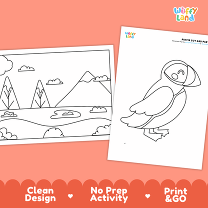 Puffin Cut and Paste Craft and Coloring Activity Worksheets
