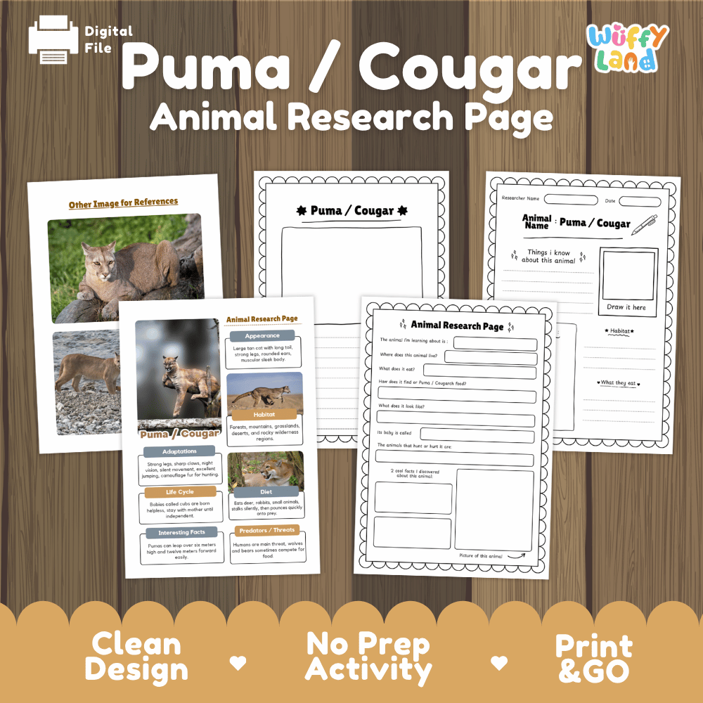 Puma and Cougar Animal Research Worksheets and Informational Fact Sheets
