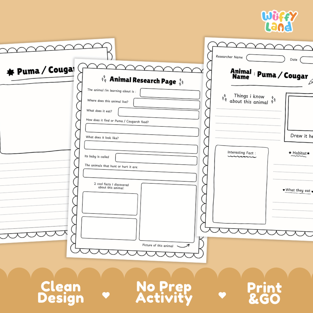 Puma and Cougar Animal Research Worksheets and Informational Fact Sheets