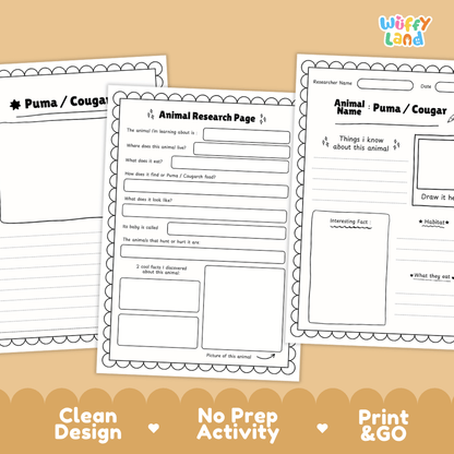 Puma and Cougar Animal Research Worksheets and Informational Fact Sheets