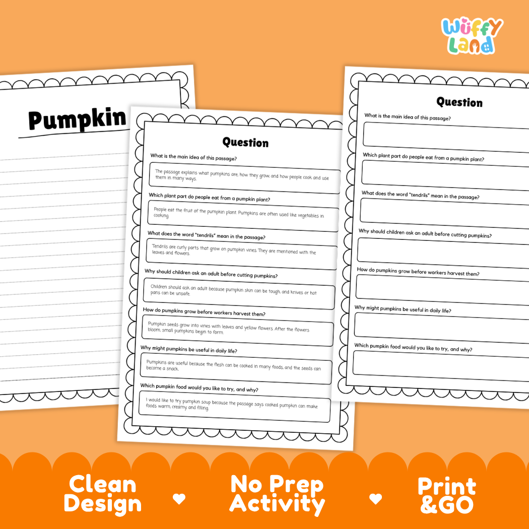 Informational reading passage page detailing pumpkin fruit anatomy vine growth tendrils seeds and cooking uses with photos