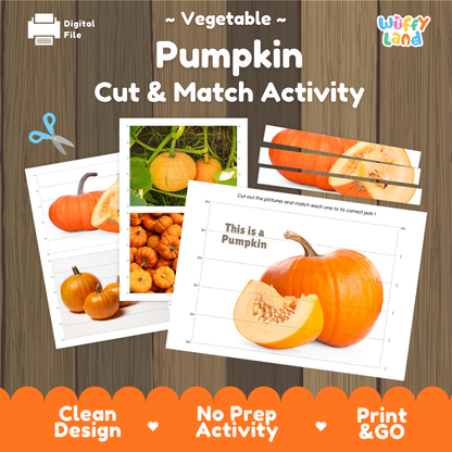 Pumpkin cut and match activity cover showing printable fine motor puzzle sheets and vegetable photographs