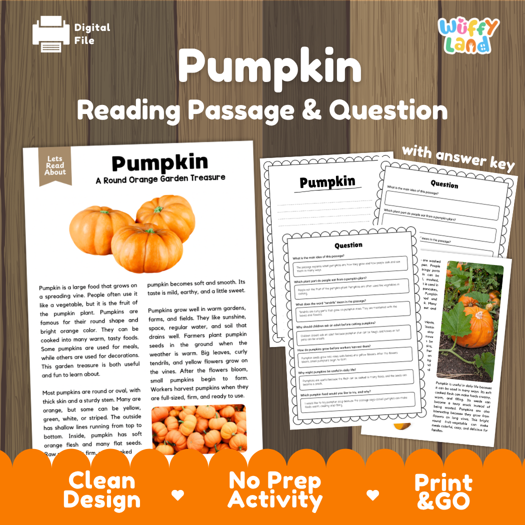 Pumpkin reading comprehension passage and questions printable activity pack with answer key for elementary students
