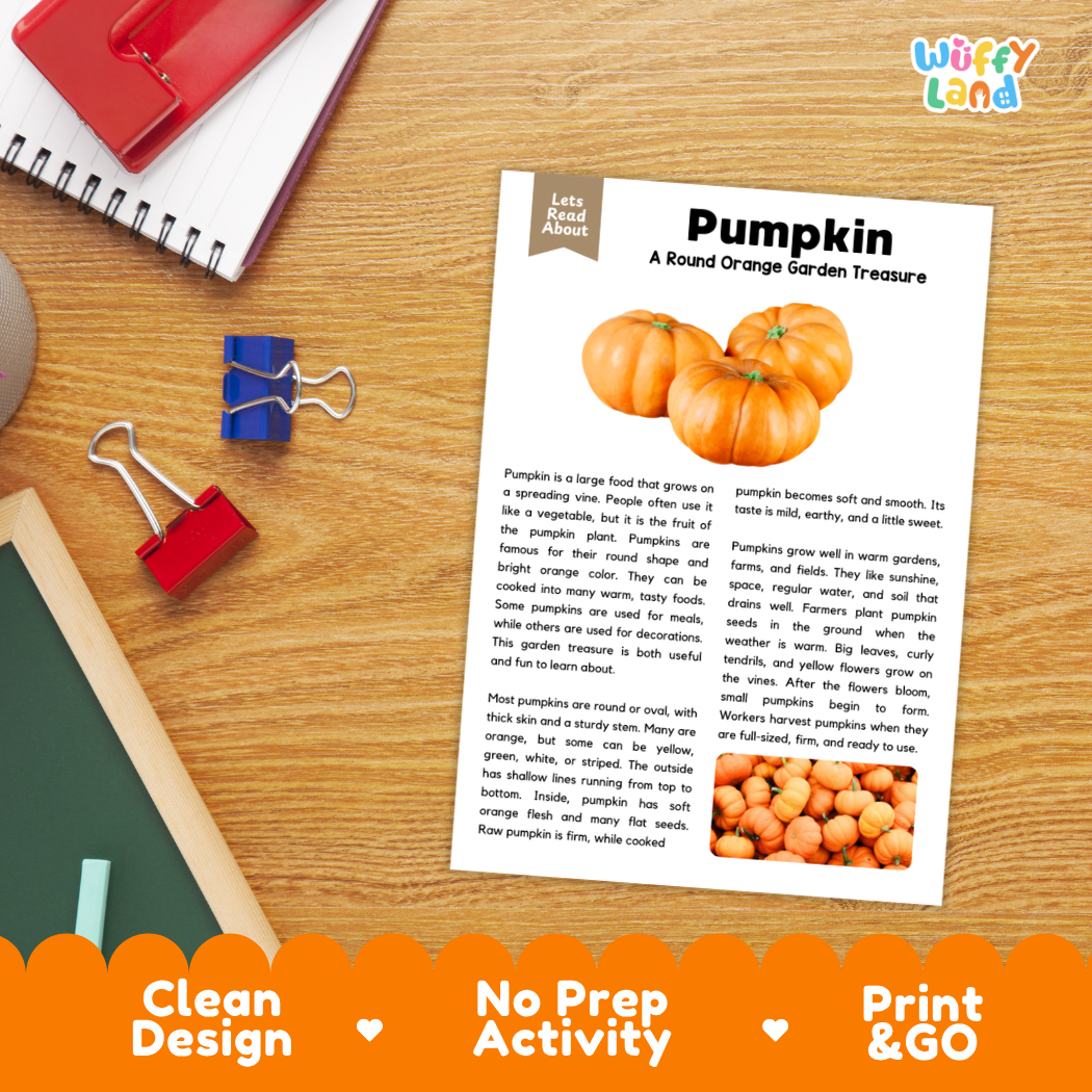 Student reading comprehension worksheet with short-answer questions and lined sections about pumpkin vegetables