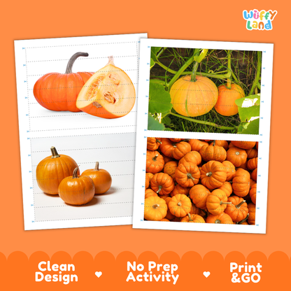 Printable activity sheets featuring photographic pumpkin puzzle boards and cutting guides
