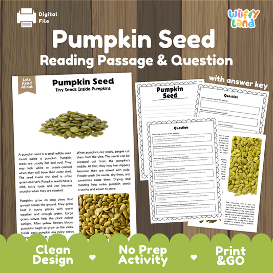 Pumpkin seed reading comprehension passage with nonfiction text, comprehension questions and answer key about pumpkin seeds, how they grow and how they are harvested