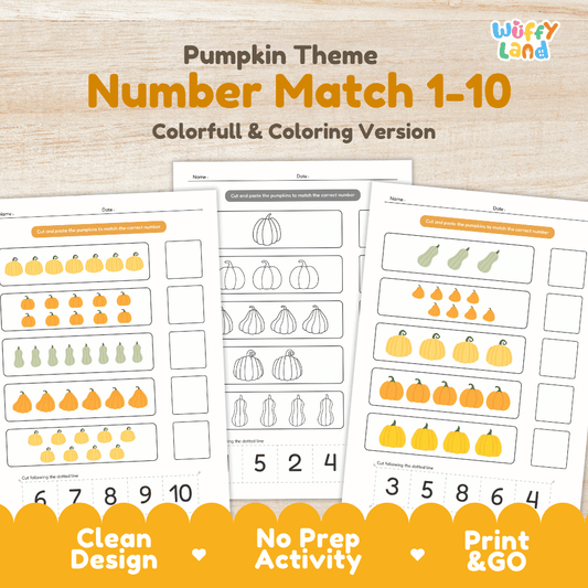 Pumpkin theme number match 1 to 10 printable cut and paste worksheets overview from Wuffy Land in color and coloring versions 🎃🔢