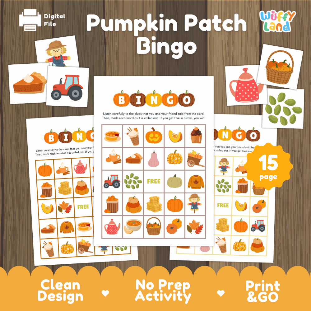 Pumpkin Patch Bingo Game Cards and Calling Cards Activity Worksheets