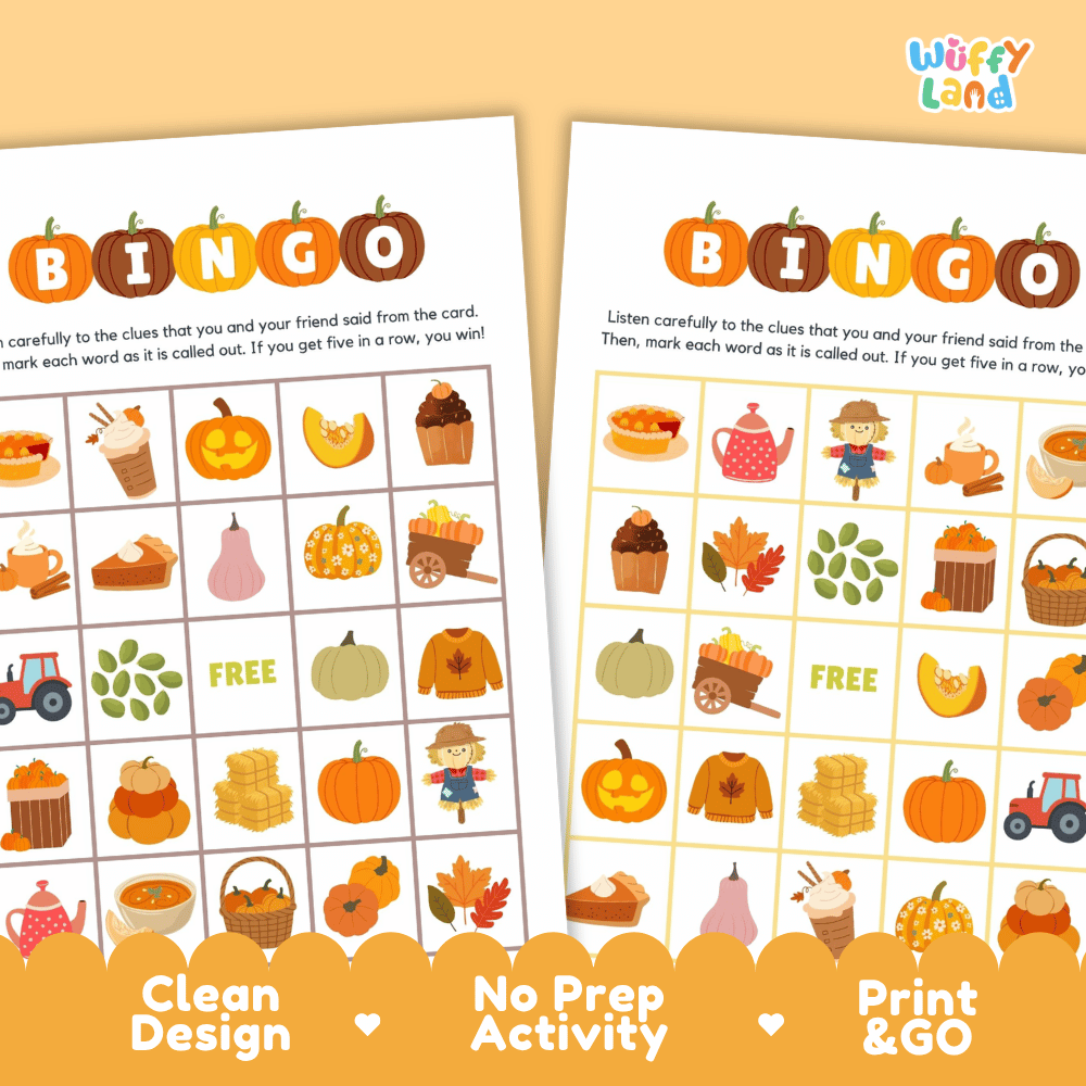 Pumpkin Patch Bingo Game Cards and Calling Cards Activity Worksheets
