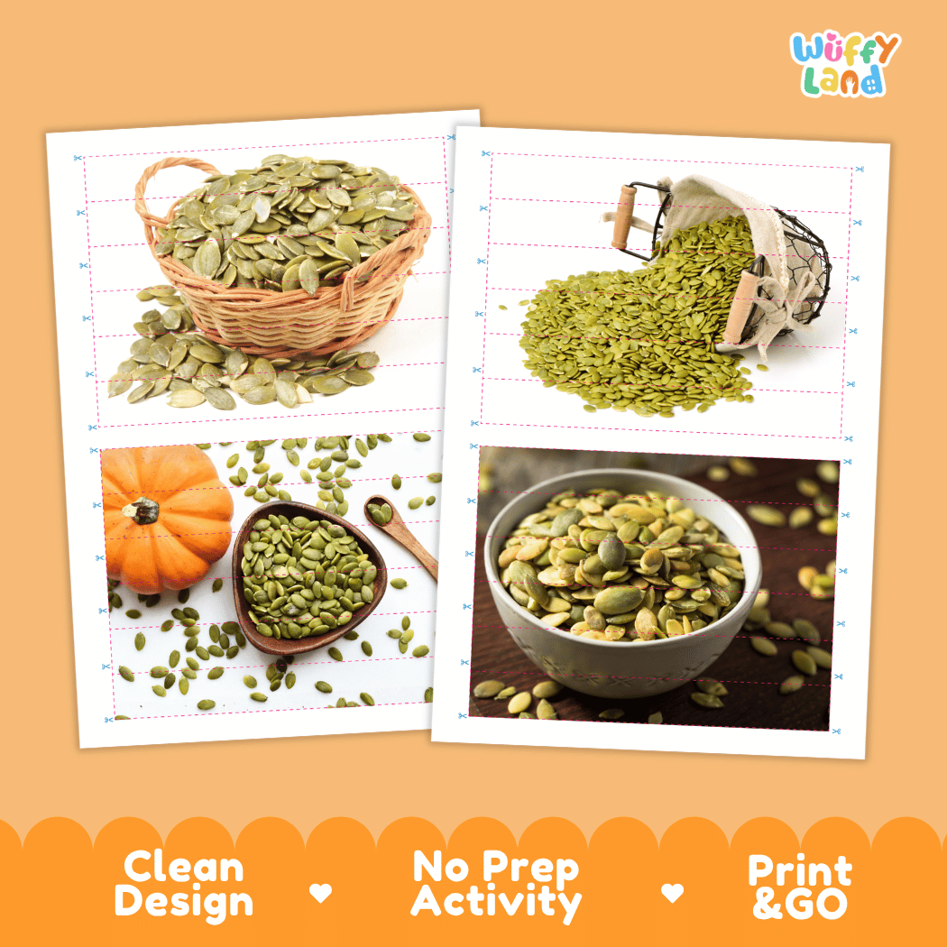 Pumpkin Seed Cut and Match Activity Worksheets | Nuts and Dried Fruits Puzzle Printables