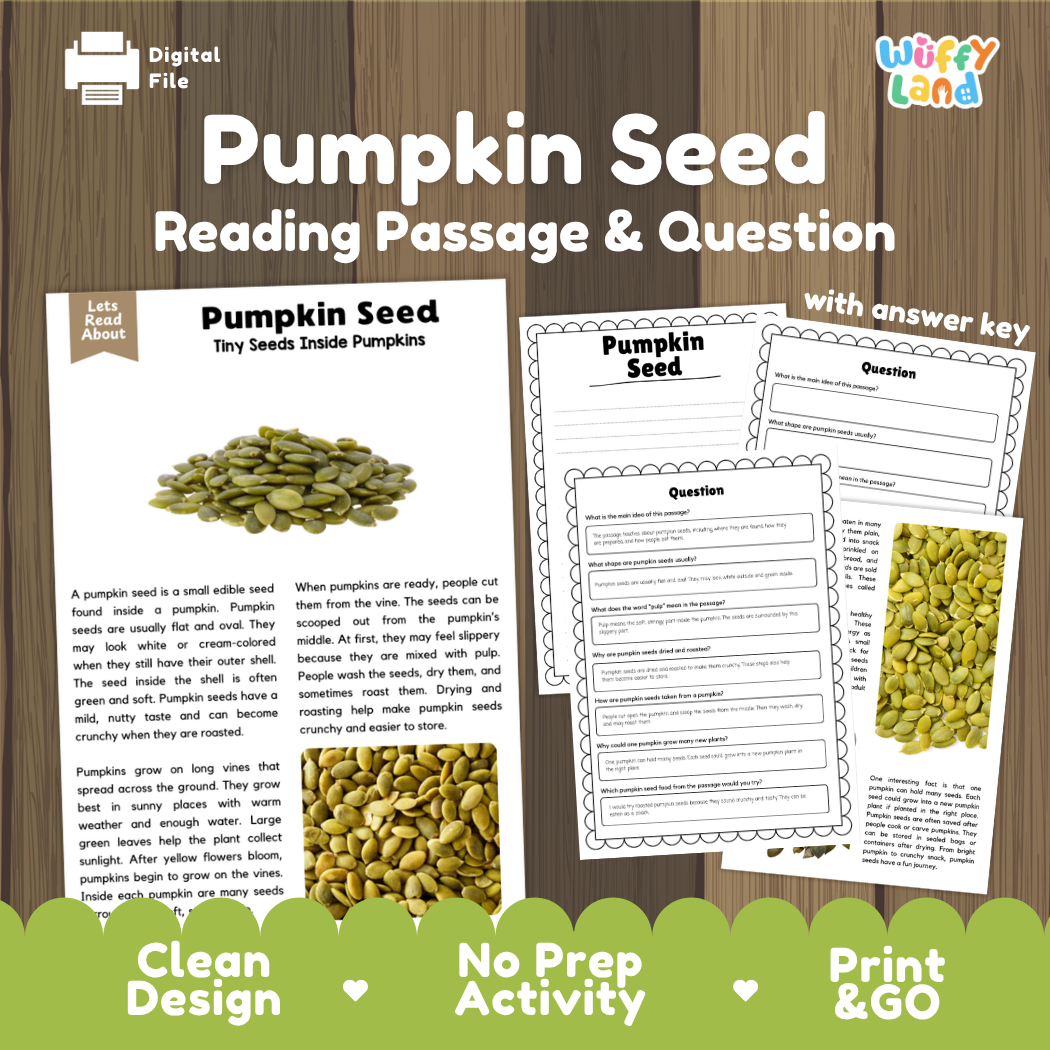 Pumpkin Seed Reading Passage and Comprehension Questions with Answer Key Worksheets
