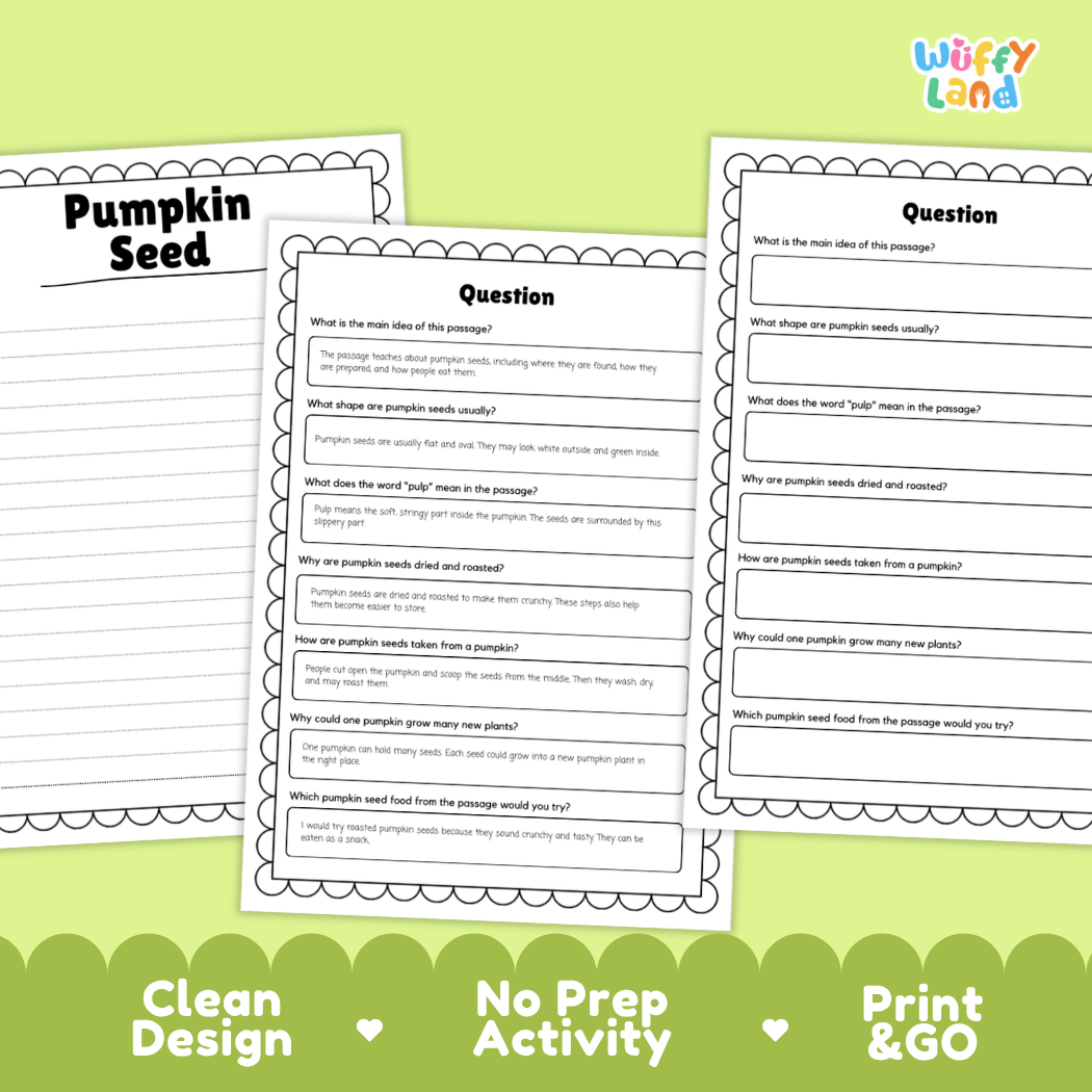 Pumpkin Seed Reading Passage and Comprehension Questions with Answer Key Worksheets