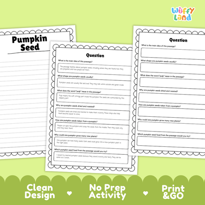 Pumpkin Seed Reading Passage and Comprehension Questions with Answer Key Worksheets