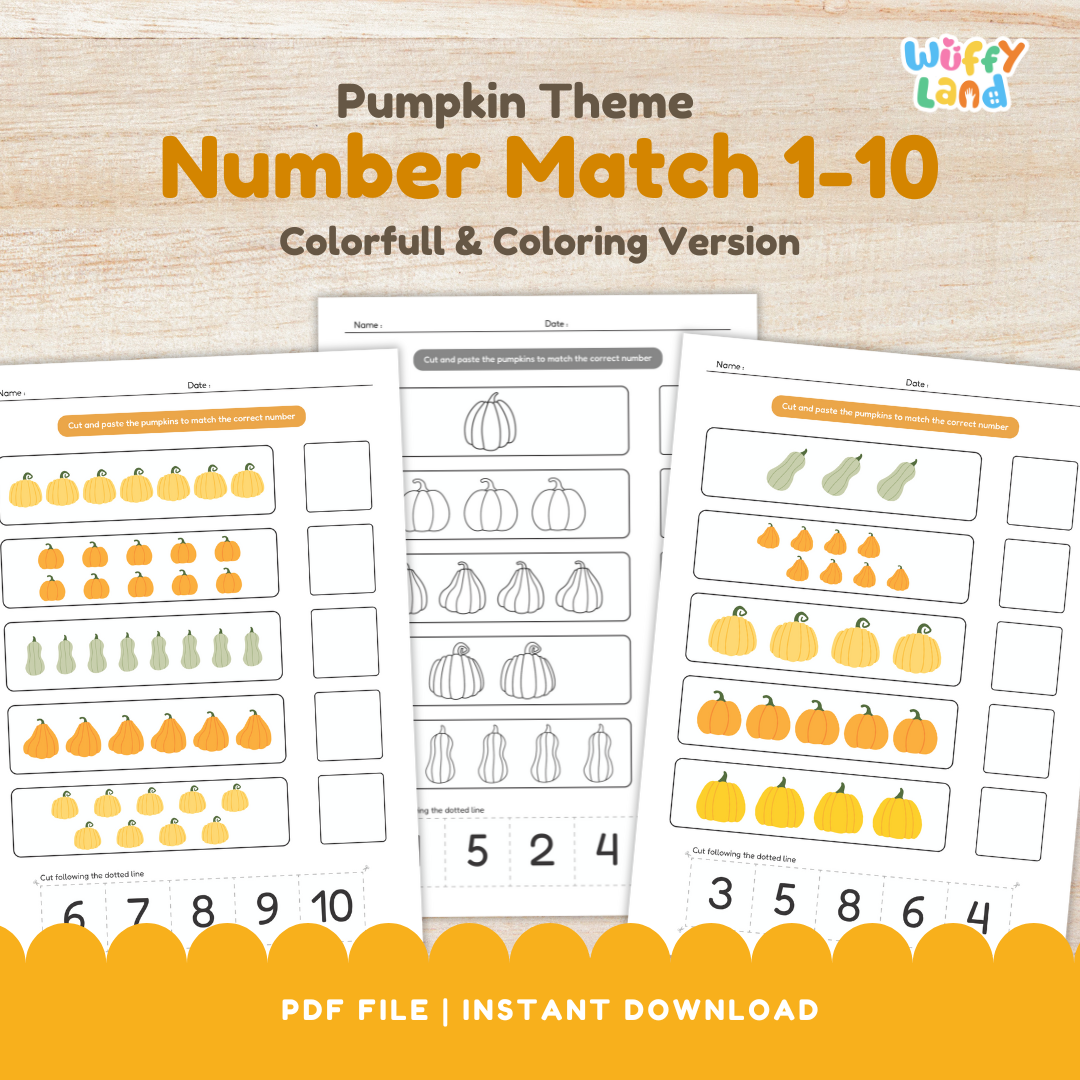 Educational printable worksheets titled “Pumpkin Theme Number Match 1–10” displayed on a light wooden background. The pages feature rows of pumpkins and gourds where children cut and paste to match quantities with the correct numbers. Includes both colorful and black-and-white versions labeled “Colorfull & Coloring Version,” designed to teach counting and number recognition for early learners.