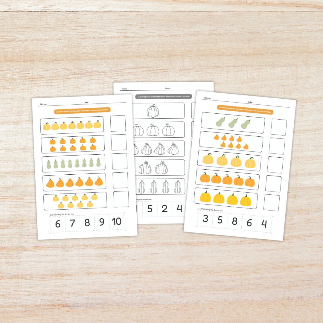 Educational printable worksheets titled “Pumpkin Theme Number Match 1–10” displayed on a light wooden background. The pages feature rows of pumpkins and gourds where children cut and paste to match quantities with the correct numbers. Includes both colorful and black-and-white versions labeled “Colorfull & Coloring Version,” designed to teach counting and number recognition for early learners.