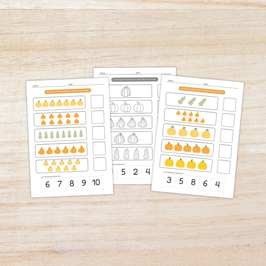 Educational printable worksheets titled “Pumpkin Theme Number Match 1–10” displayed on a light wooden background. The pages feature rows of pumpkins and gourds where children cut and paste to match quantities with the correct numbers. Includes both colorful and black-and-white versions labeled “Colorfull & Coloring Version,” designed to teach counting and number recognition for early learners.