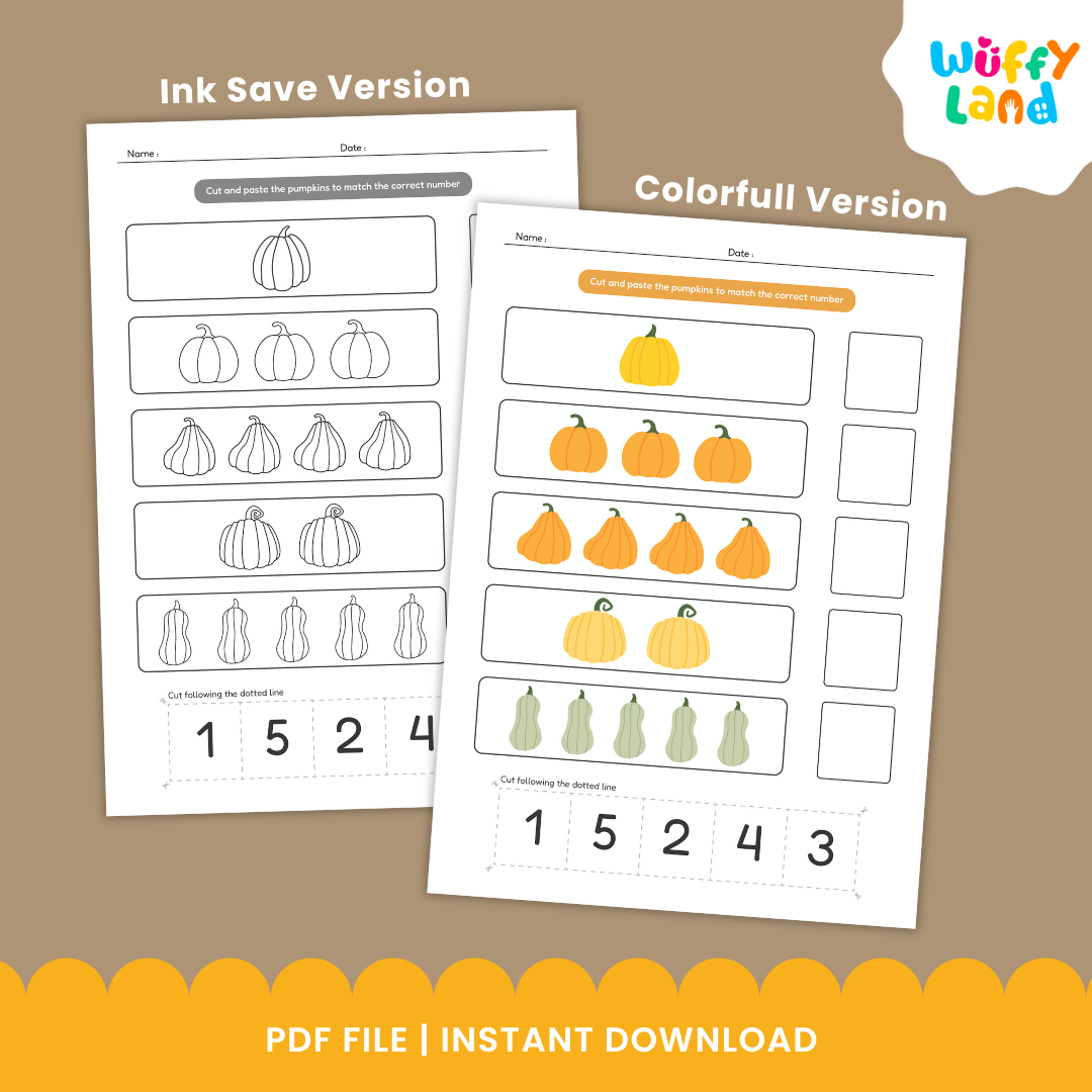 Educational printable worksheets titled “Pumpkin Theme Number Match 1–10” displayed on a light wooden background. The pages feature rows of pumpkins and gourds where children cut and paste to match quantities with the correct numbers. Includes both colorful and black-and-white versions labeled “Colorfull & Coloring Version,” designed to teach counting and number recognition for early learners.