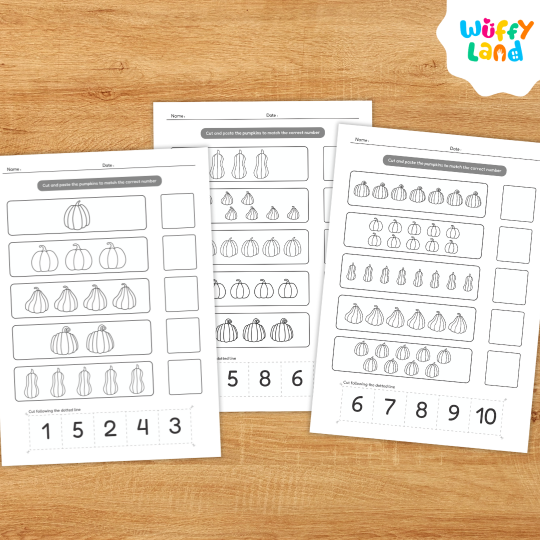 Educational printable worksheets titled “Pumpkin Theme Number Match 1–10” displayed on a light wooden background. The pages feature rows of pumpkins and gourds where children cut and paste to match quantities with the correct numbers. Includes both colorful and black-and-white versions labeled “Colorfull & Coloring Version,” designed to teach counting and number recognition for early learners.