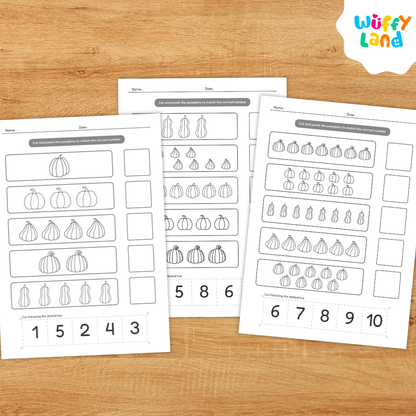 Educational printable worksheets titled “Pumpkin Theme Number Match 1–10” displayed on a light wooden background. The pages feature rows of pumpkins and gourds where children cut and paste to match quantities with the correct numbers. Includes both colorful and black-and-white versions labeled “Colorfull & Coloring Version,” designed to teach counting and number recognition for early learners.