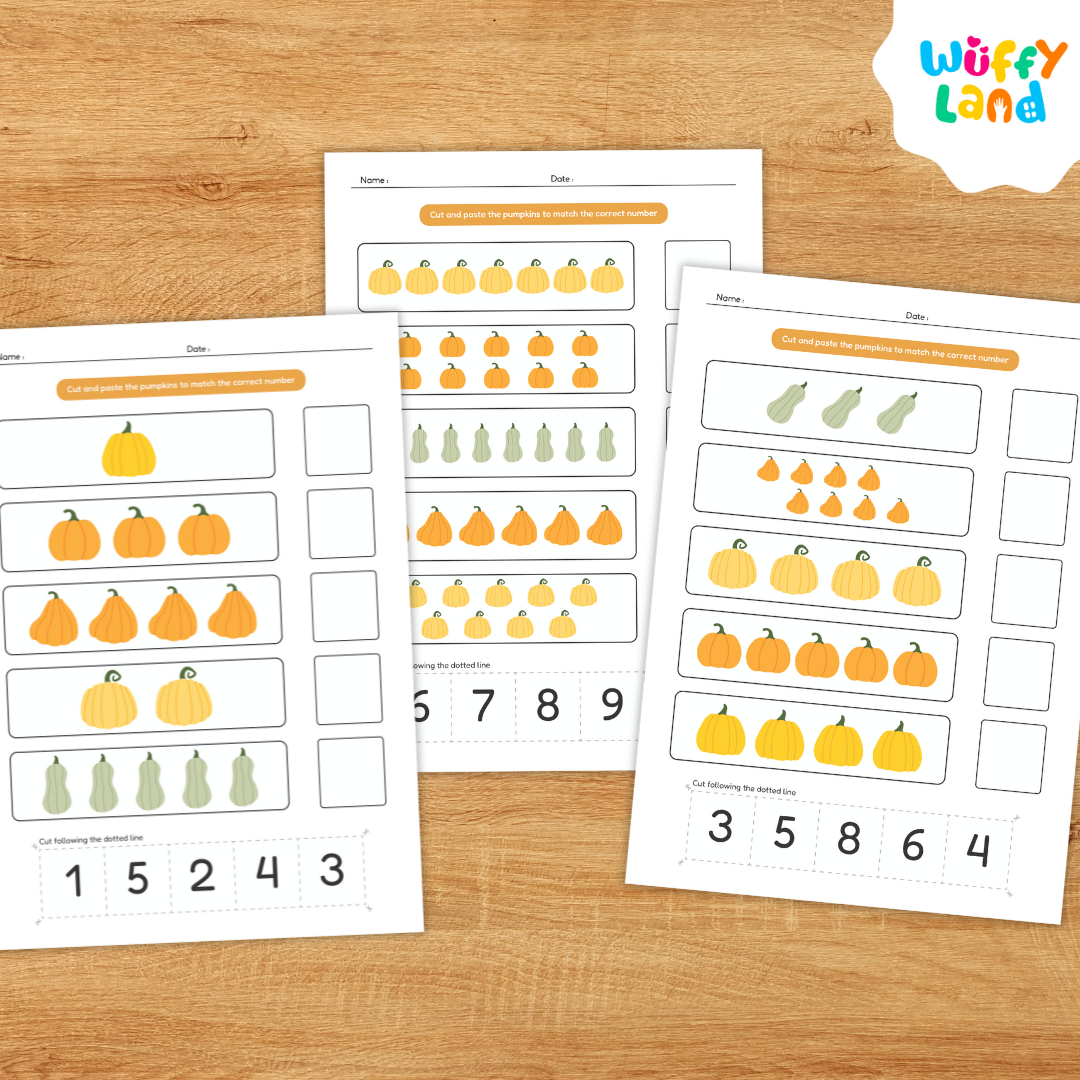 Educational printable worksheets titled “Pumpkin Theme Number Match 1–10” displayed on a light wooden background. The pages feature rows of pumpkins and gourds where children cut and paste to match quantities with the correct numbers. Includes both colorful and black-and-white versions labeled “Colorfull & Coloring Version,” designed to teach counting and number recognition for early learners.