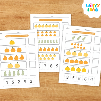 Educational printable worksheets titled “Pumpkin Theme Number Match 1–10” displayed on a light wooden background. The pages feature rows of pumpkins and gourds where children cut and paste to match quantities with the correct numbers. Includes both colorful and black-and-white versions labeled “Colorfull & Coloring Version,” designed to teach counting and number recognition for early learners.