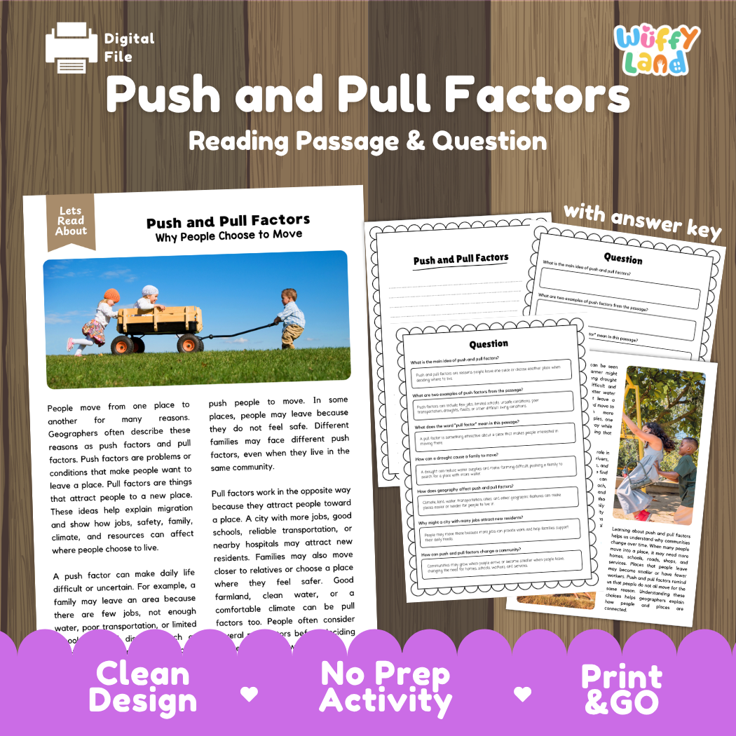 Push and Pull Factors reading comprehension passage and questions printable activity pack with answer key for elementary students