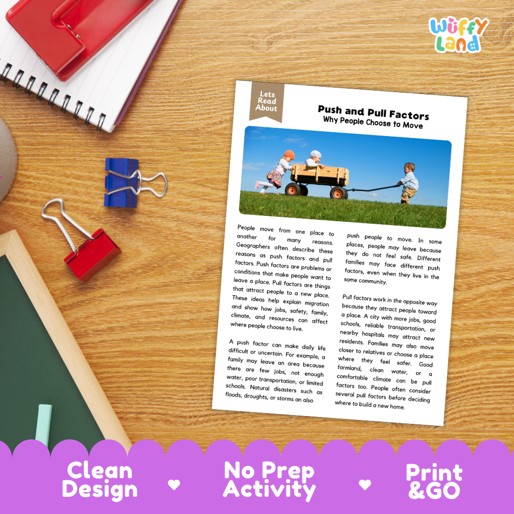 Student reading comprehension worksheet with short-answer questions and lined sections about push and pull factors