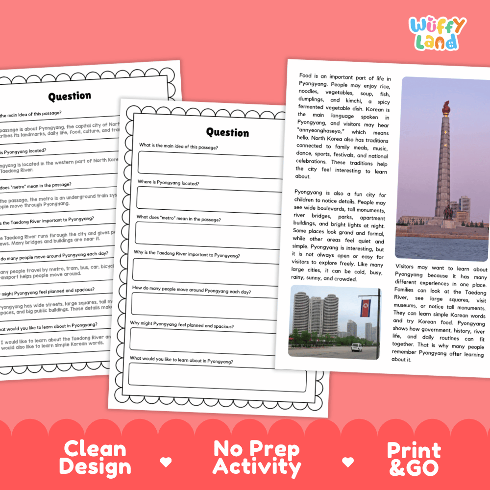 Student reading passage titled A City by the Taedong River detailing Pyongyang North Korea Kim Il Sung Square Juche Tower Taedong River and city photography