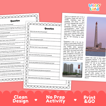 Student reading passage titled A City by the Taedong River detailing Pyongyang North Korea Kim Il Sung Square Juche Tower Taedong River and city photography