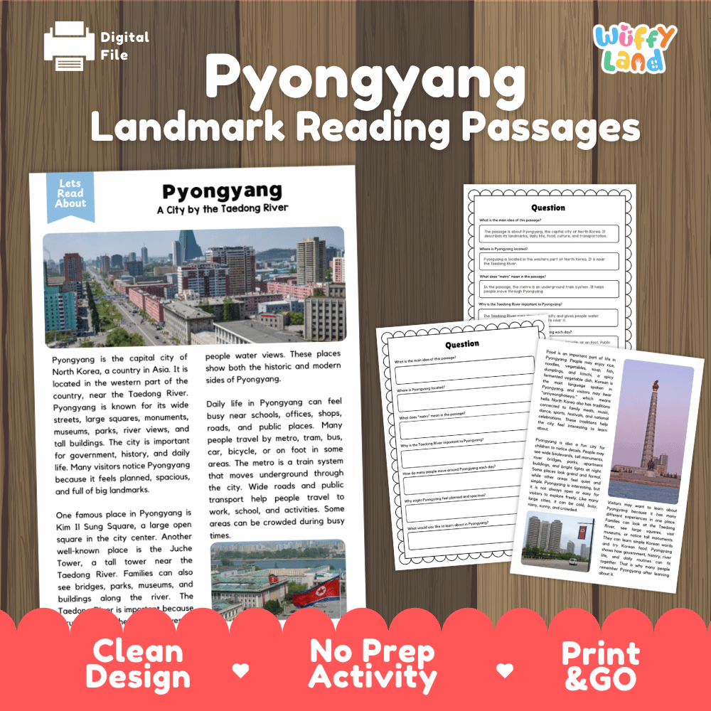 Pyongyang landmark reading passage and comprehension worksheet educational unit featuring nonfiction text and authentic Pyongyang North Korea city photography