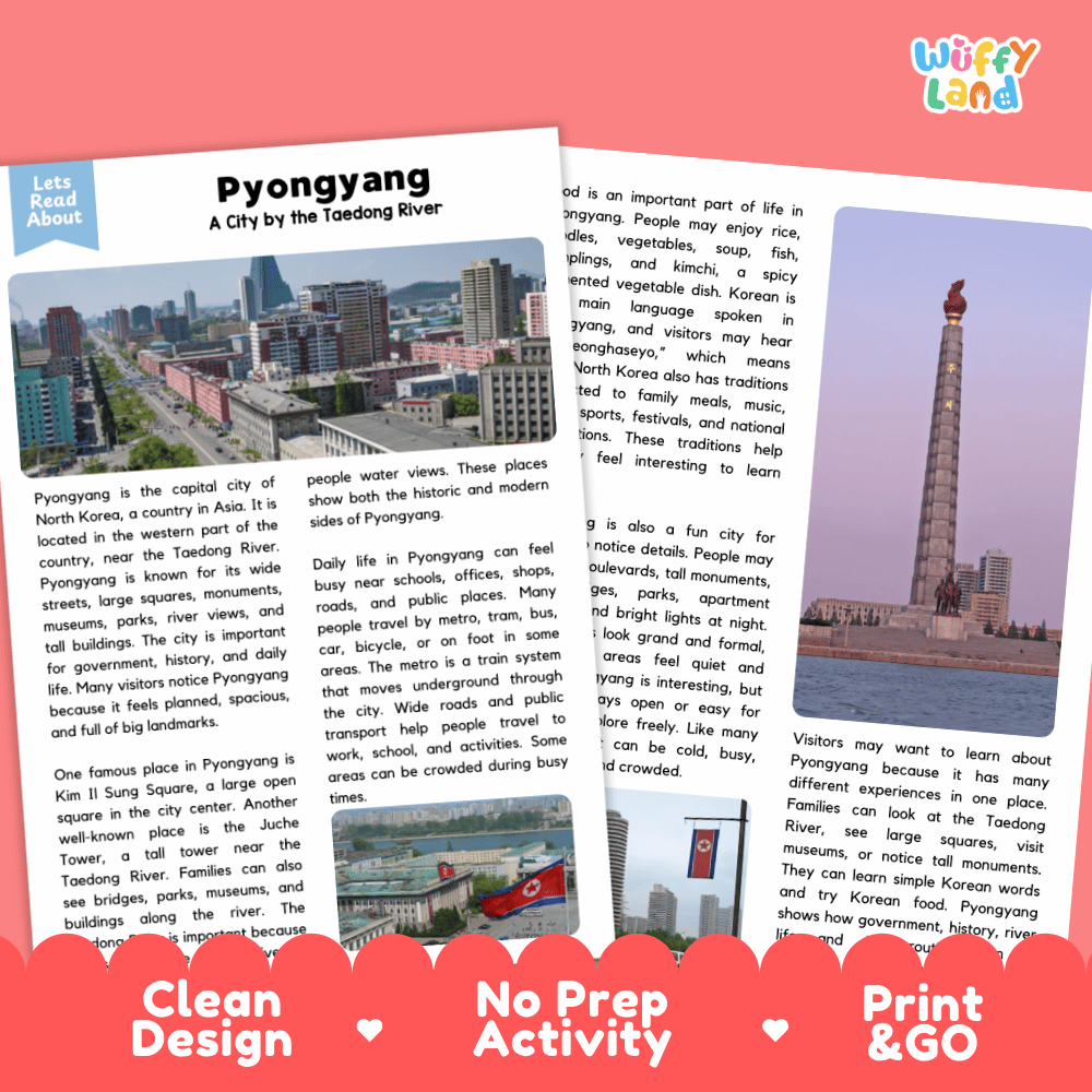 Reference sheet and answer key for Pyongyang landmark reading passage displaying completed comprehension answers and East Asian geography facts
