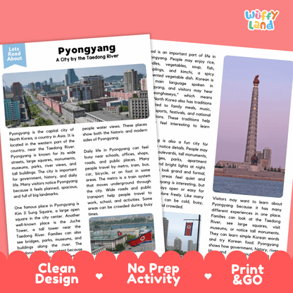 Reference sheet and answer key for Pyongyang landmark reading passage displaying completed comprehension answers and East Asian geography facts