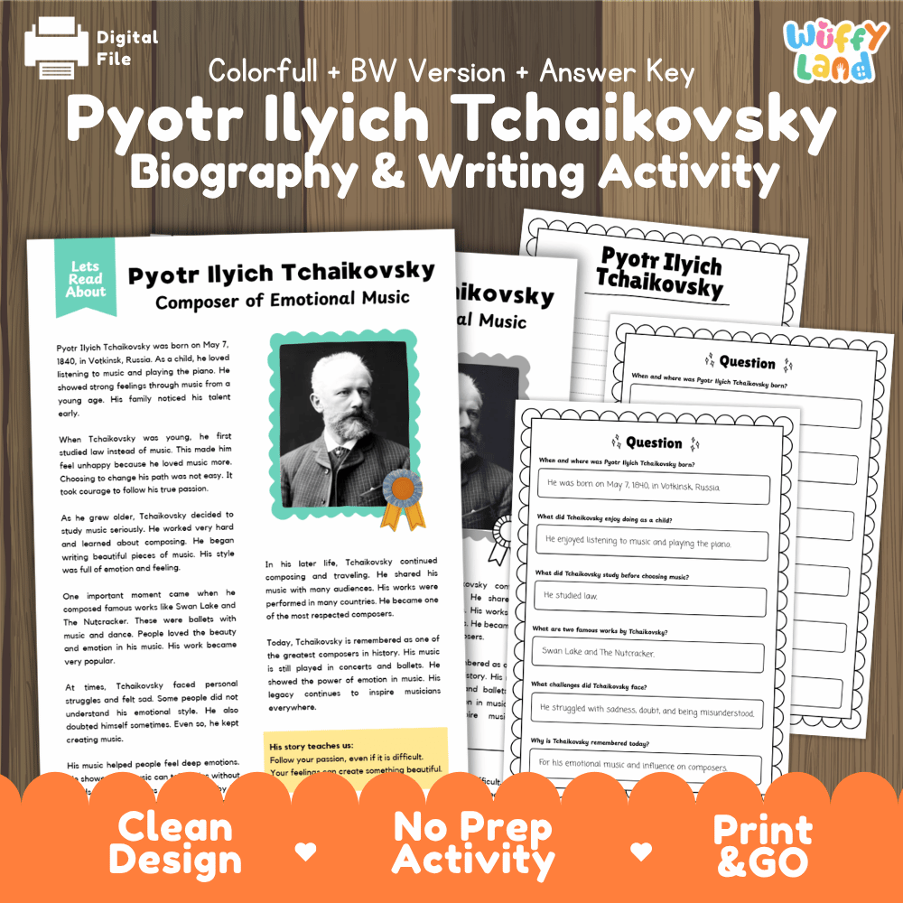 Pyotr Ilyich Tchaikovsky biography and writing activity pack cover featuring reading passage sheets, questions, and answer keys