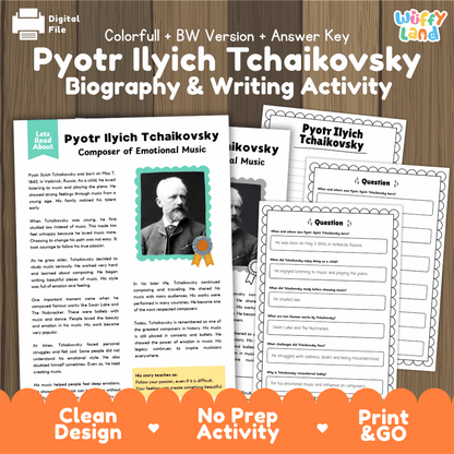 Pyotr Ilyich Tchaikovsky biography and writing activity pack cover featuring reading passage sheets, questions, and answer keys