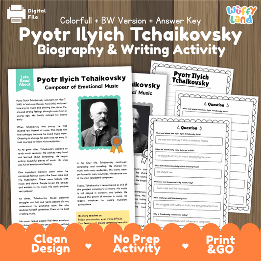 Pyotr Ilyich Tchaikovsky biography and writing activity pack cover featuring reading passage sheets, questions, and answer keys