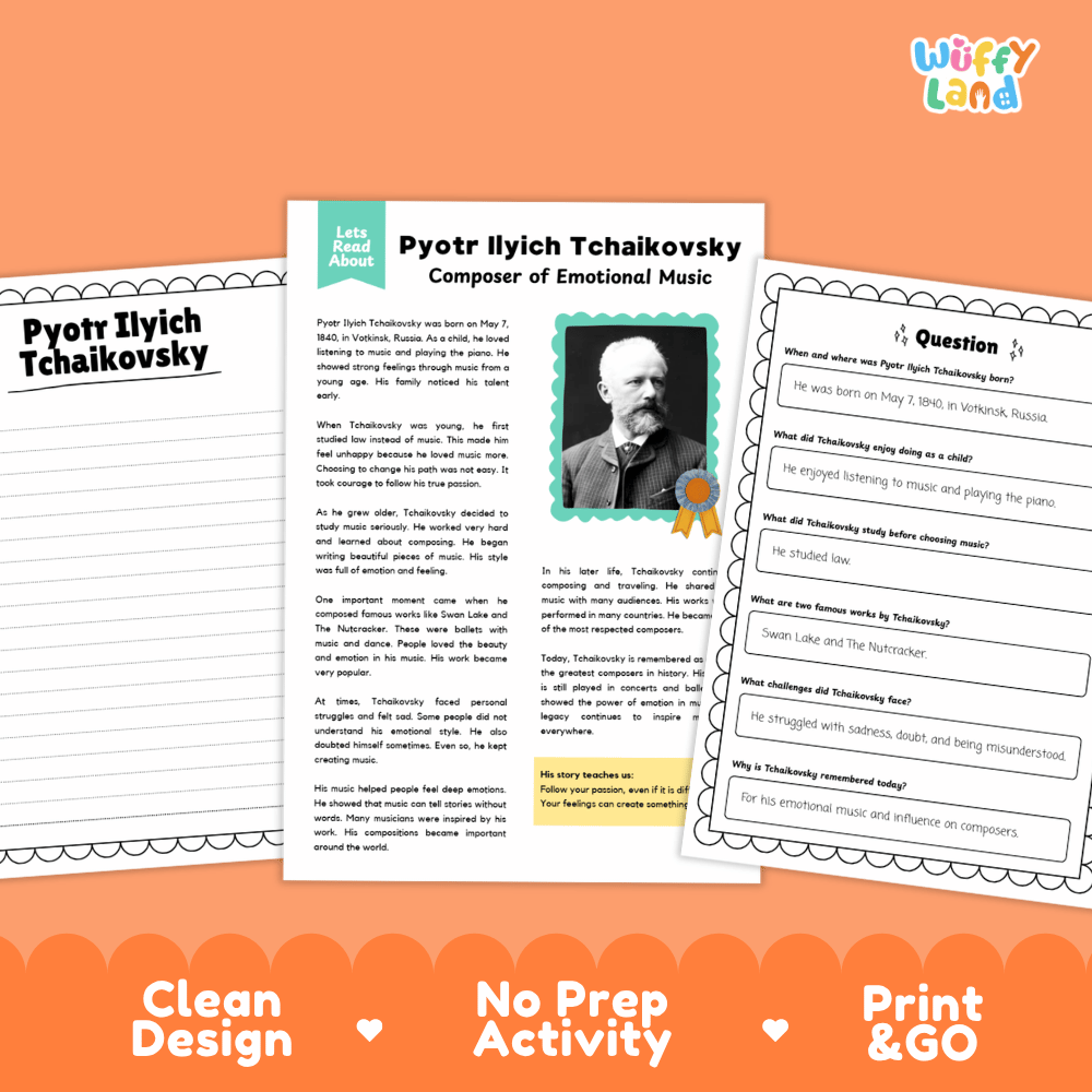 Educational biography passage titled Pyotr Ilyich Tchaikovsky Composer of Emotional Music with historic portrait illustration