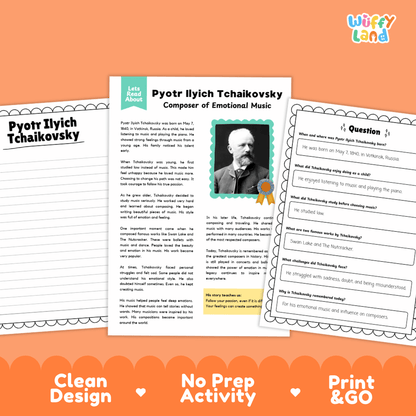 Educational biography passage titled Pyotr Ilyich Tchaikovsky Composer of Emotional Music with historic portrait illustration