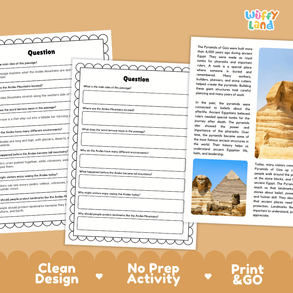 Student reading passage titled Ancient Wonders in Egypt detailing Egyptian pharaohs, pyramid construction, and Giza Plateau photography