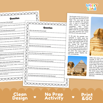 Student reading passage titled Ancient Wonders in Egypt detailing Egyptian pharaohs, pyramid construction, and Giza Plateau photography