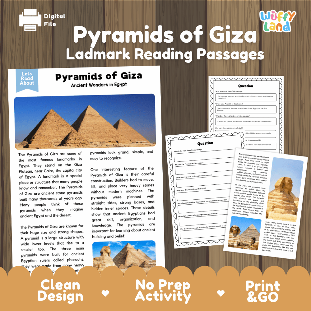 Pyramids of Giza landmark reading passages educational study unit featuring nonfiction reading worksheets and authentic Egyptian pyramid photography
