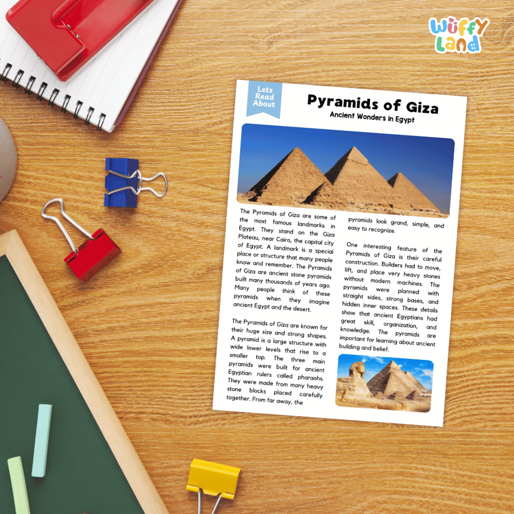 Lined reading comprehension question worksheet covering main ideas, vocabulary terms, and landmark facts about the Pyramids of Giza