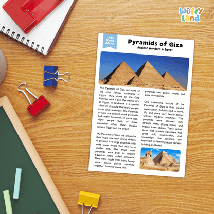 Lined reading comprehension question worksheet covering main ideas, vocabulary terms, and landmark facts about the Pyramids of Giza