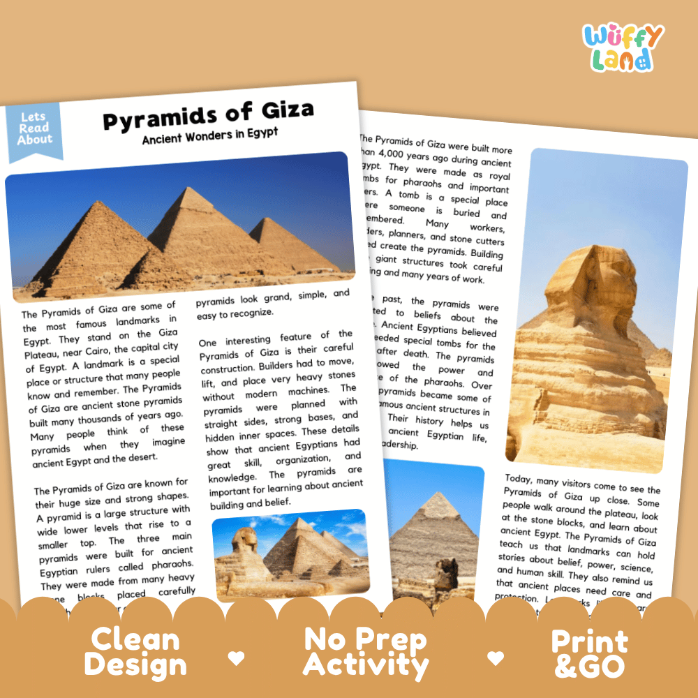 Reference sheet and answer key for Pyramids of Giza landmark reading passage displaying completed comprehension answers and ancient history facts