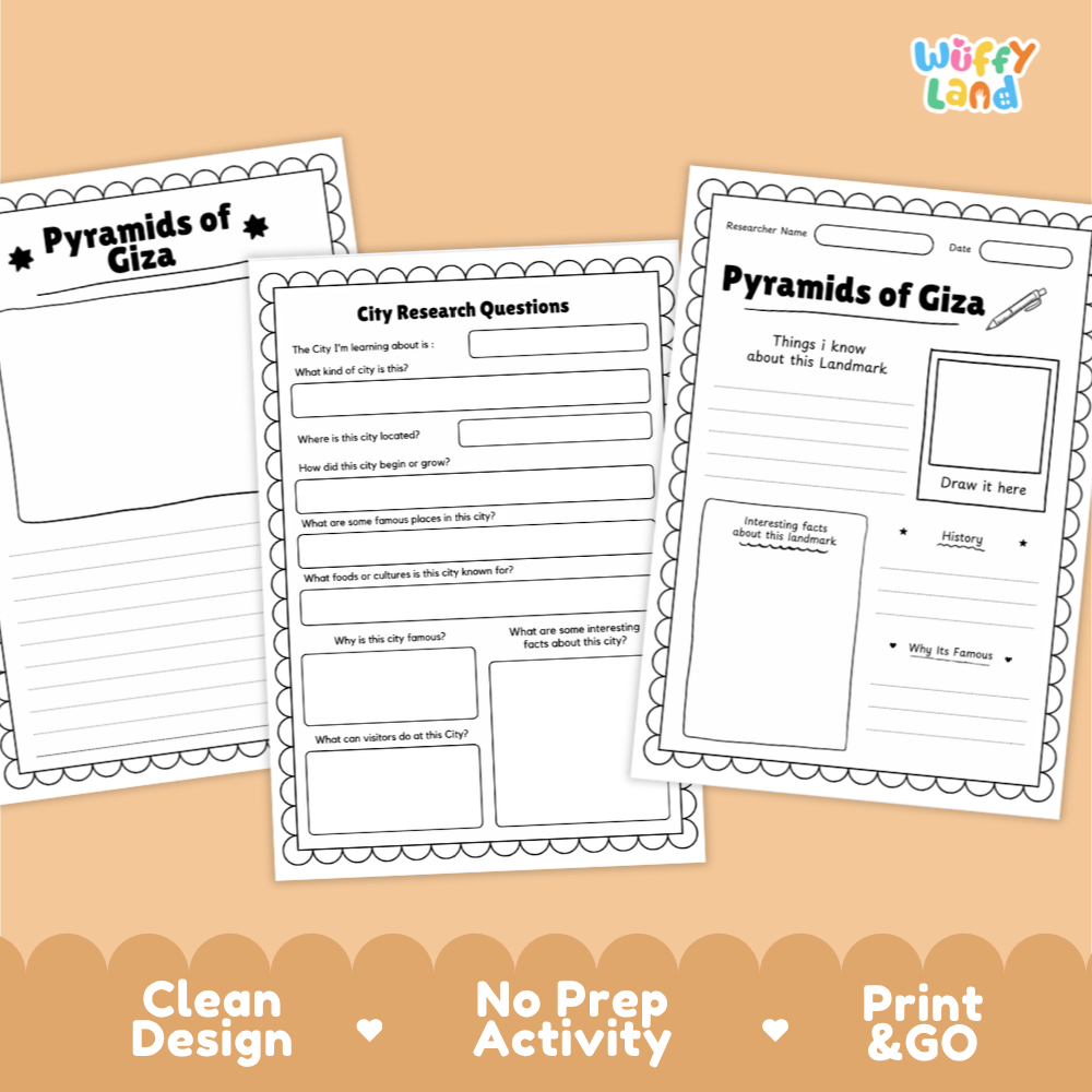 Three printable educational activity sheets for researching Giza, displayed on a peach-colored background with a decorative bottom banner. The sheets feature black and white templates with fields for writing and drawing, and the brand logo 'Wiffly Land' is visible in the top right corner.