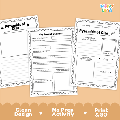 Three printable educational activity sheets for researching Giza, displayed on a peach-colored background with a decorative bottom banner. The sheets feature black and white templates with fields for writing and drawing, and the brand logo 'Wiffly Land' is visible in the top right corner.