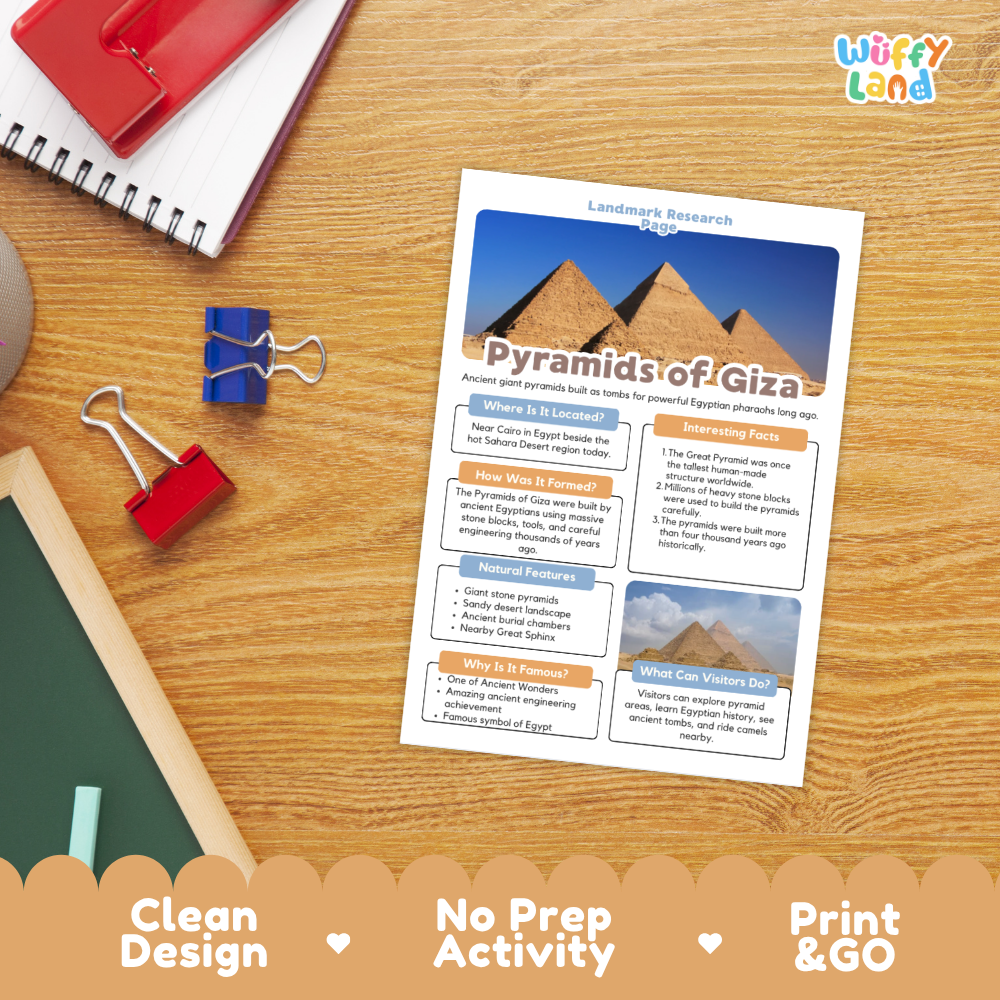 Pyramids of Giza Landmark Research Page Worksheets and Fact Sheet Activity