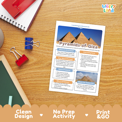 Pyramids of Giza Landmark Research Page Worksheets and Fact Sheet Activity