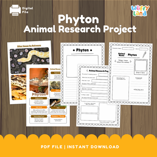 A printable Python Animal Research Project set featuring worksheets and reference images to help students study and record facts about pythons. Includes pages for writing information about appearance, habitat, diet, life cycle, and adaptations, along with templates for note-taking and drawing. Designed as a classroom science activity for kids learning about reptiles.