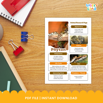 A printable Python Animal Research Project set featuring worksheets and reference images to help students study and record facts about pythons. Includes pages for writing information about appearance, habitat, diet, life cycle, and adaptations, along with templates for note-taking and drawing. Designed as a classroom science activity for kids learning about reptiles.