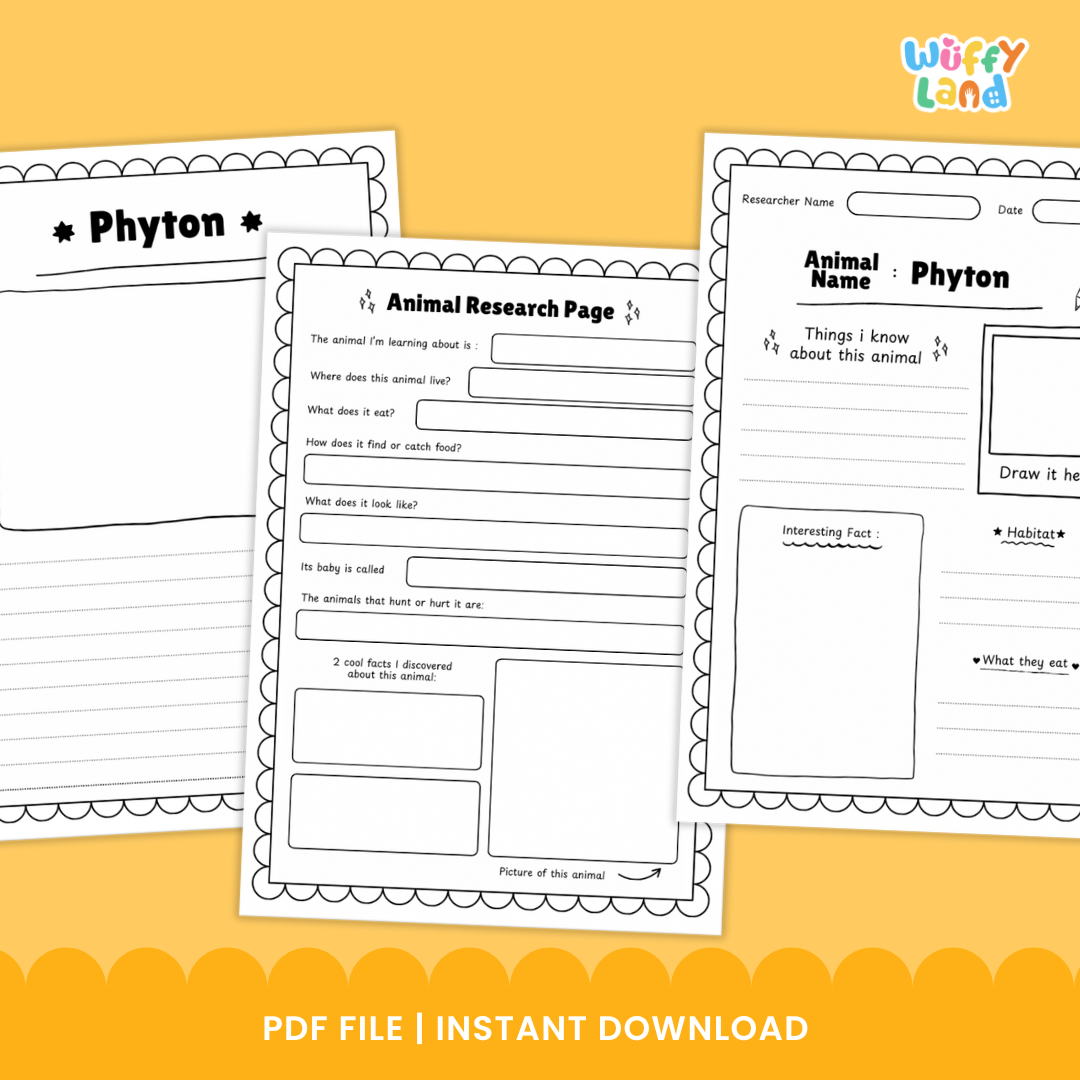 A printable Python Animal Research Project set featuring worksheets and reference images to help students study and record facts about pythons. Includes pages for writing information about appearance, habitat, diet, life cycle, and adaptations, along with templates for note-taking and drawing. Designed as a classroom science activity for kids learning about reptiles.